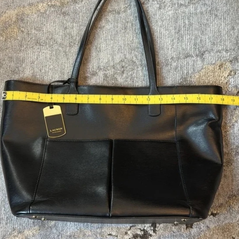 Lauren Ralph Lauren Black Leather Shoulder Tote with Front Pockets - Picture 8 of 11